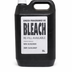 Multipurpose liquid bleach bottle for household cleaning and disinfecting, white and blue packaging, suitable for bathroom, kitchen, floor, and laundry sanitation.