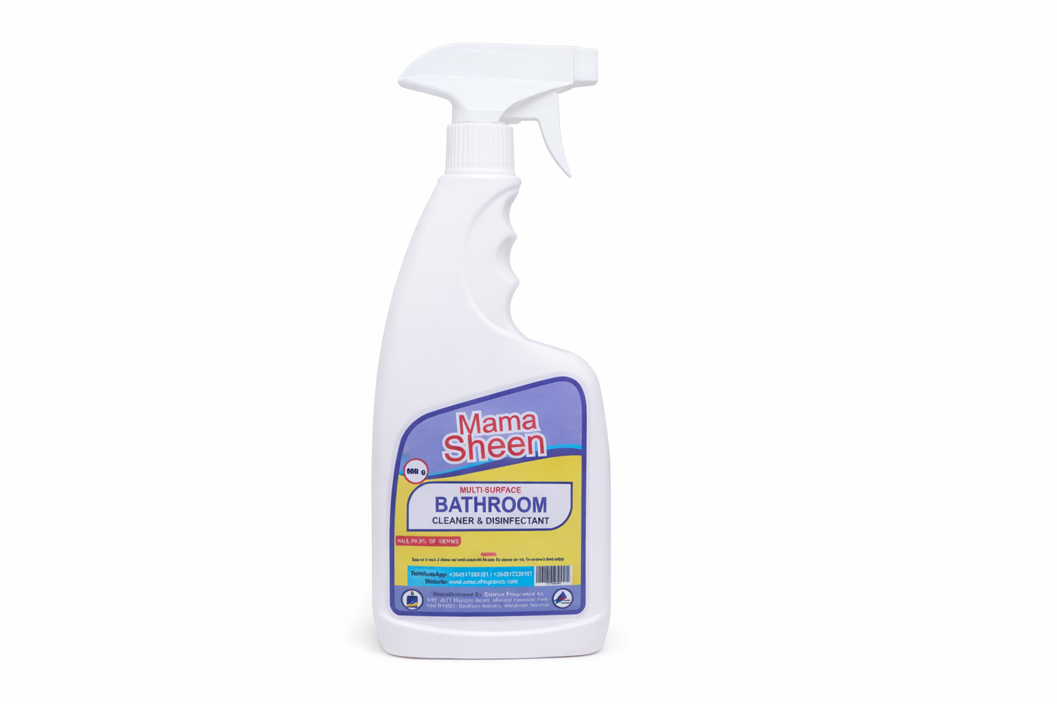 MAMMA SHEN multi-surface bathroom cleaner and disinfectant bottle designed for removing soap scum, stains, and killing 99.9% of germs.